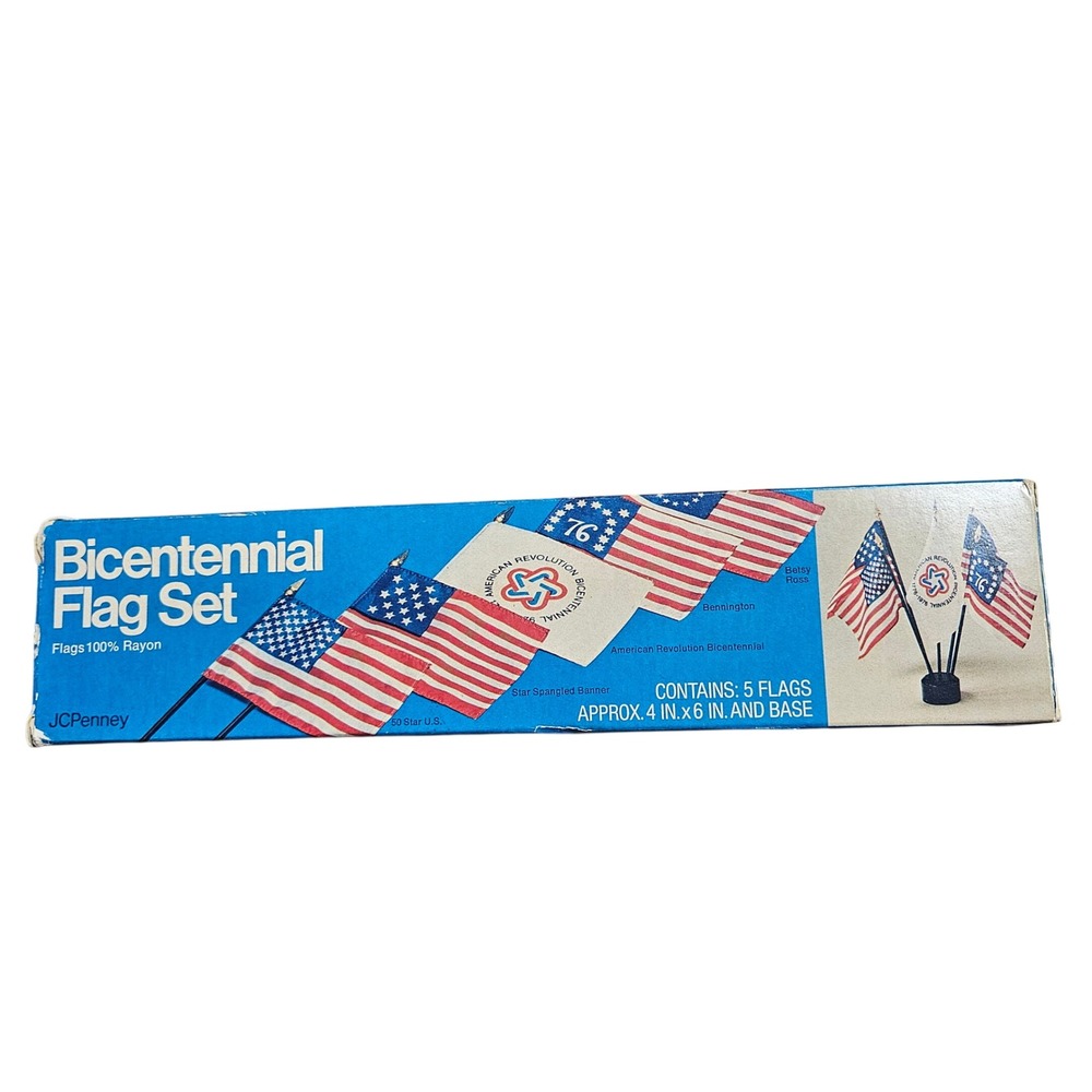Vintage JCPenney Bicentennial Flag Set 1776-1976 5 Flags 4x6 in Rayon with Box
